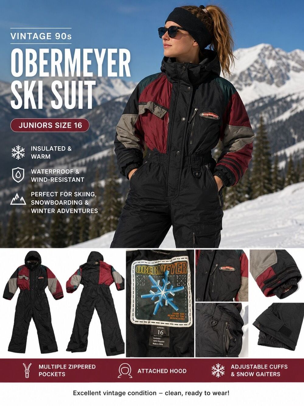 Vintage 90s Obermeyer Ski Suit One Piece Snowsuit Juniors 16 Retro